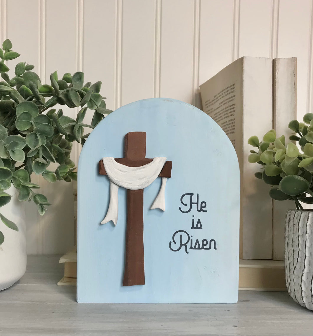 Arched Wood Cross Sign *He is Risen*